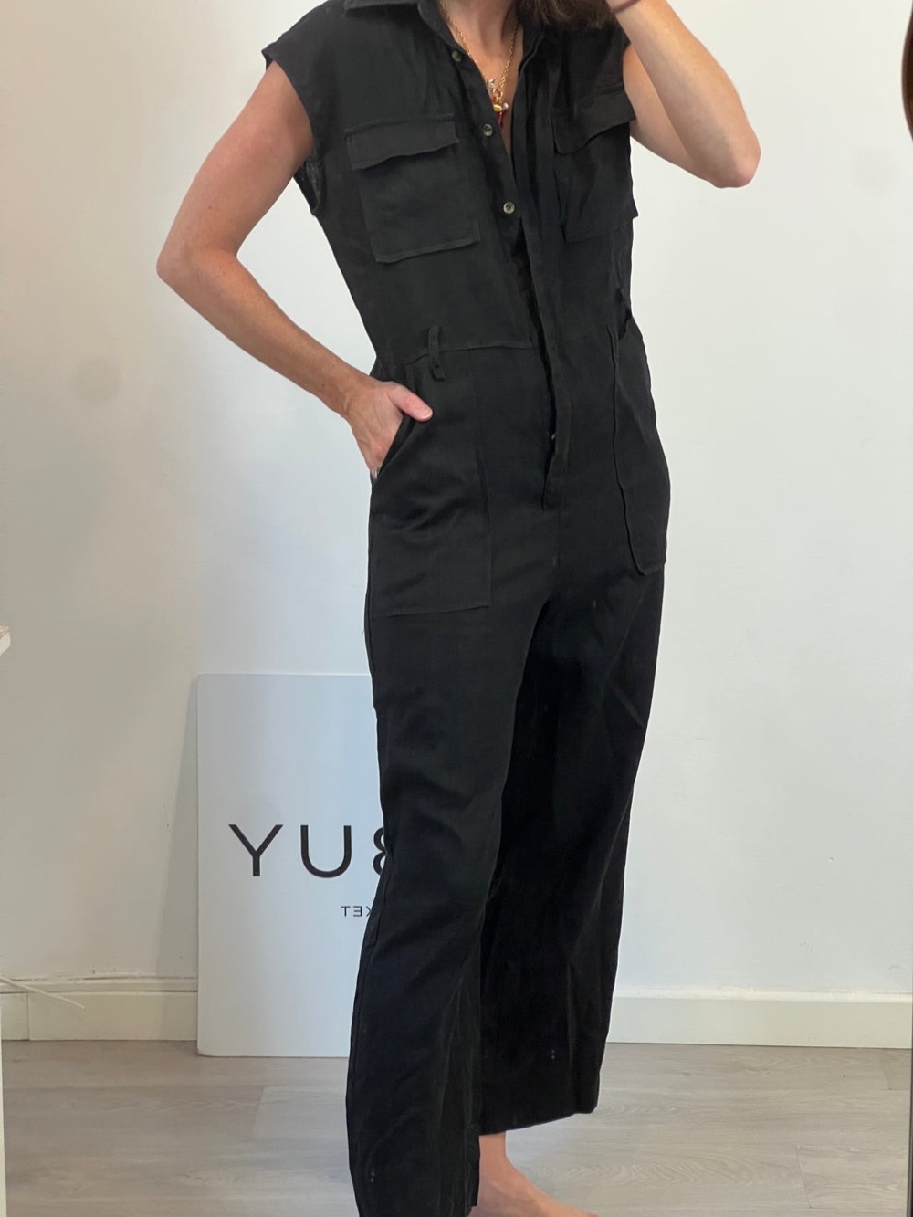 Utility-Style Black Short-Sleeve Jumpsuit
